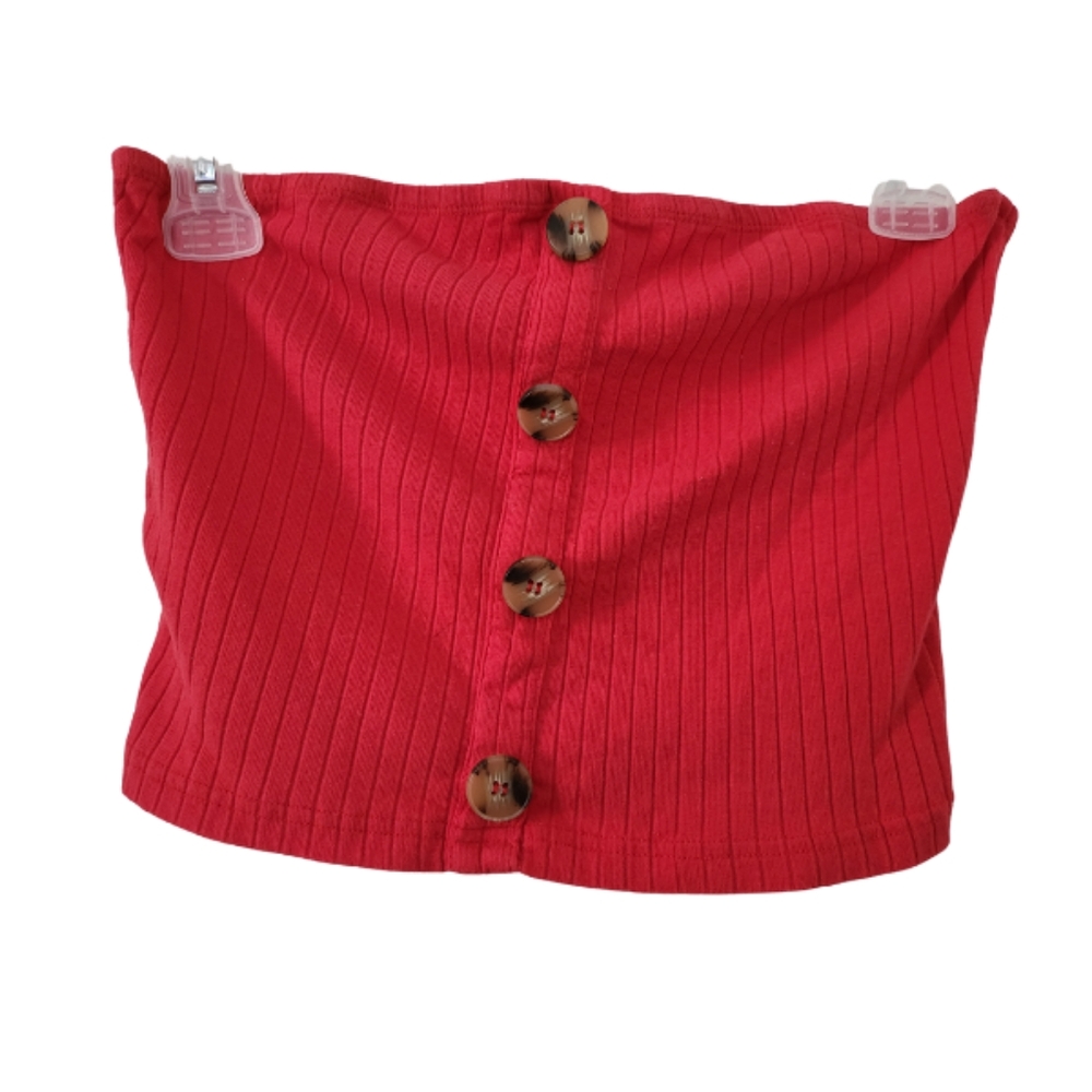 🤑🌭🍍Shein Red Faux Button Strapless Crop Top. Juniors size S.